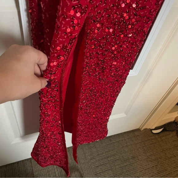 Vintage Scarlett Red 90s Y2K Beaded Formal Evening Gown Leg Slit - Picture 6 of 8